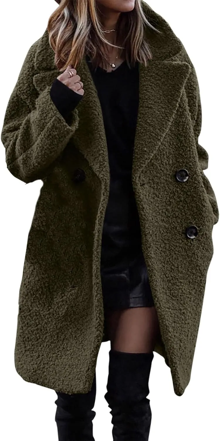 ZWRXW Women's Faux Fur Trench Coats Notched Lapel Long Sleeve Coats Double Breasted Fuzzy Fleece Jackets Fall Winter Outwear