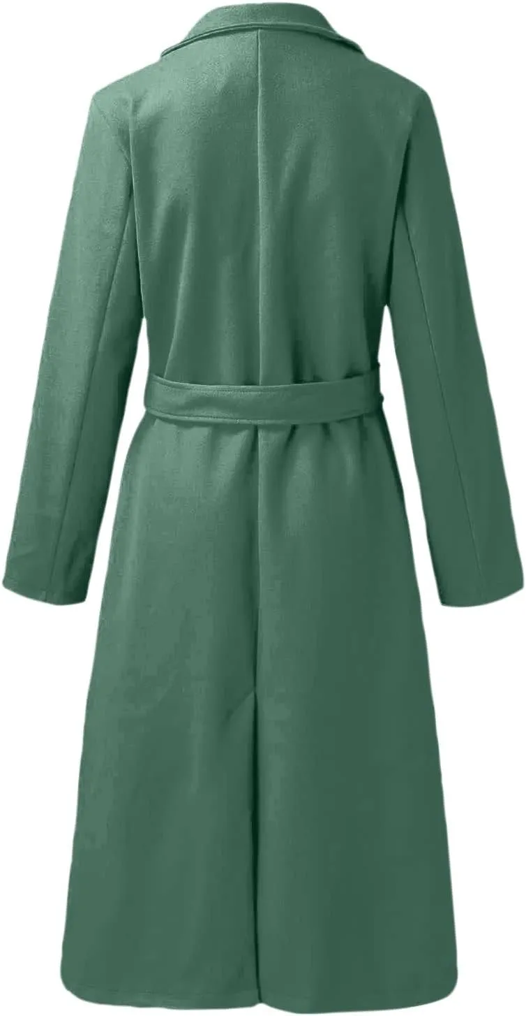 ZWRXW Women's Notched Collared Trench Coat Open Front Long Sleeve Mid Length Cardigans Elegant Wool Blend Peacoat with Belt