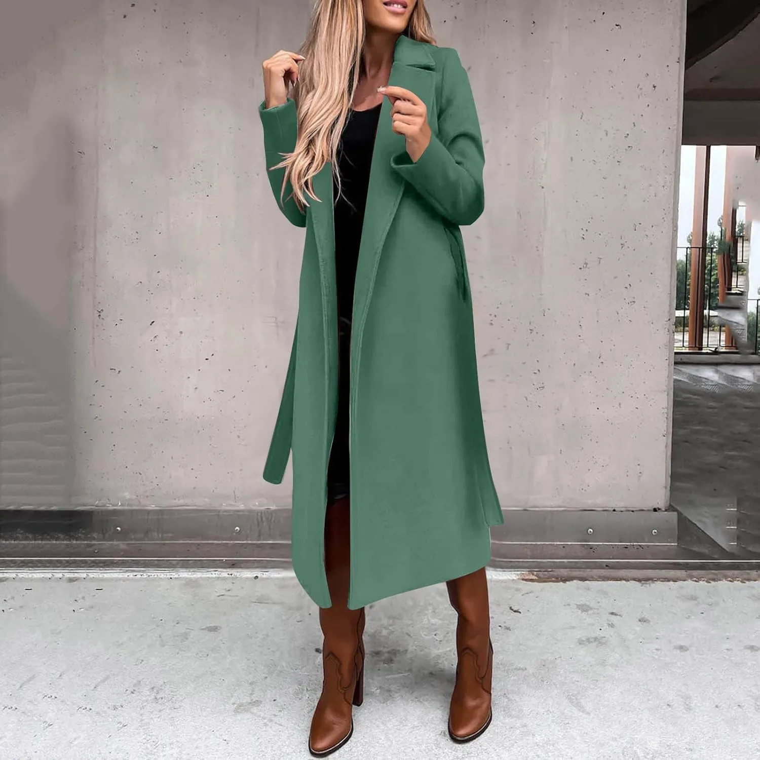 ZWRXW Women's Notched Collared Trench Coat Open Front Long Sleeve Mid Length Cardigans Elegant Wool Blend Peacoat with Belt