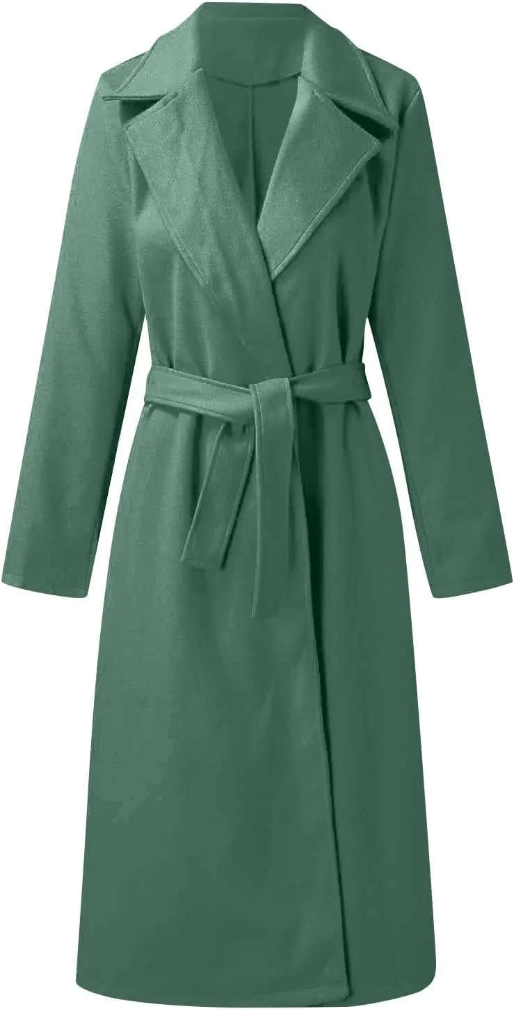 ZWRXW Women's Notched Collared Trench Coat Open Front Long Sleeve Mid Length Cardigans Elegant Wool Blend Peacoat with Belt