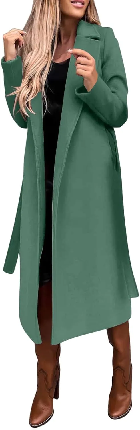 ZWRXW Women's Notched Collared Trench Coat Open Front Long Sleeve Mid Length Cardigans Elegant Wool Blend Peacoat with Belt