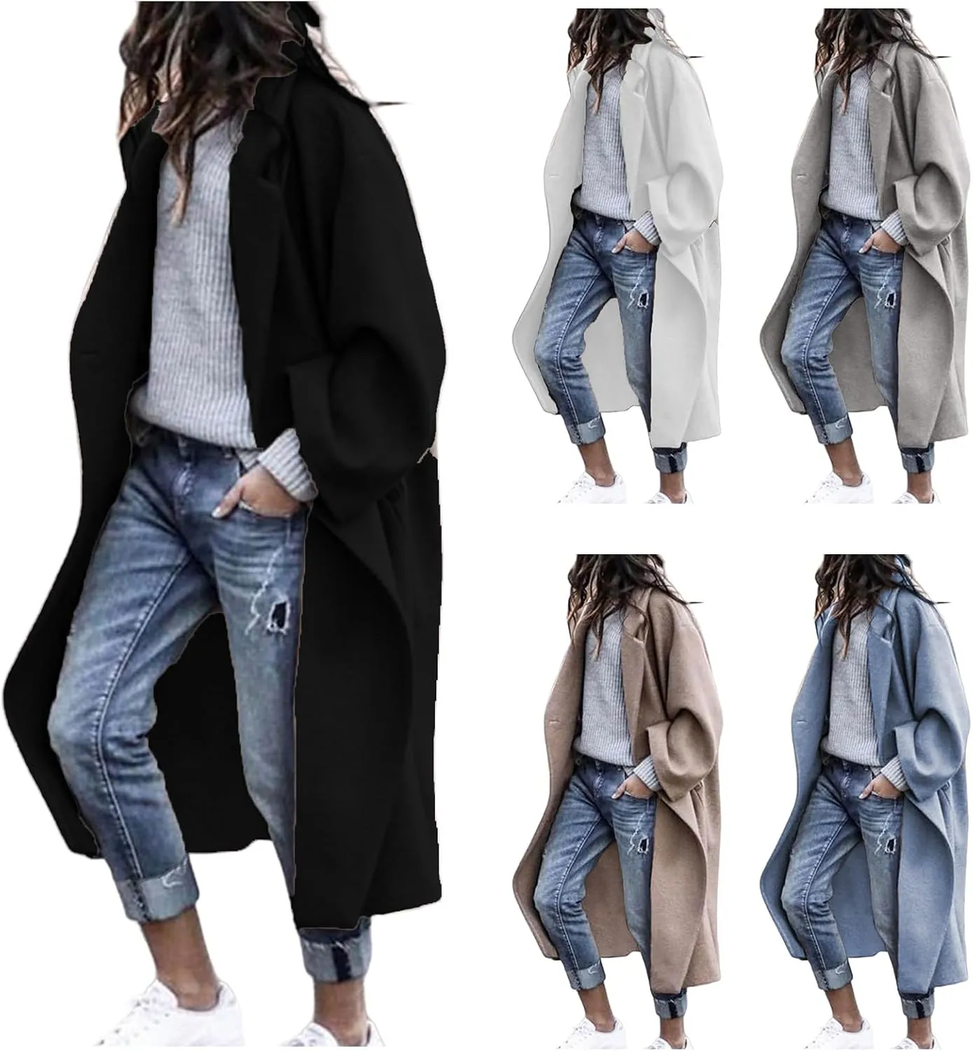 ZWRXW Women's Wool Blend Coat Notched Collar Double Breasted Long Trench Coat Winter Elegant Oversized Peacoats with Pockets