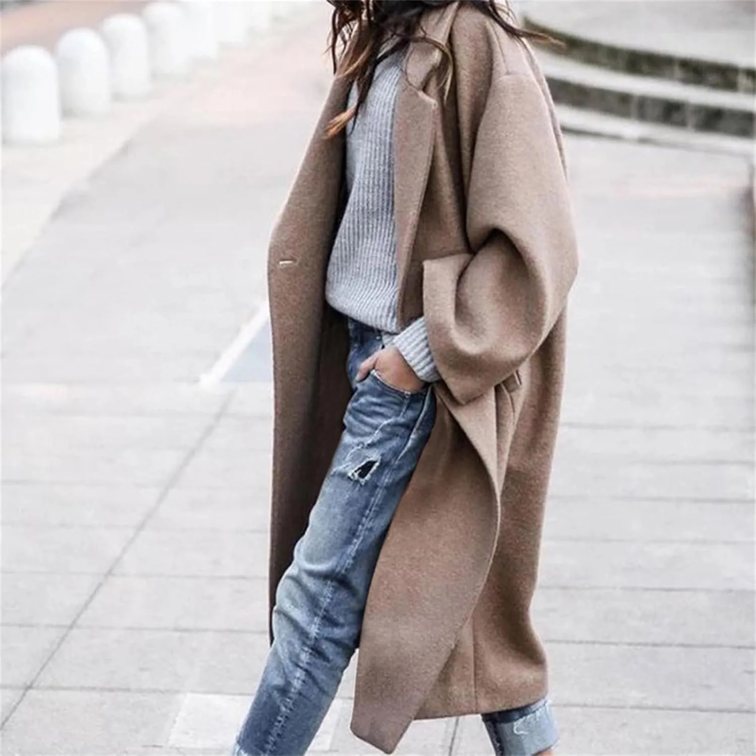 ZWRXW Women's Wool Blend Coat Notched Collar Double Breasted Long Trench Coat Winter Elegant Oversized Peacoats with Pockets