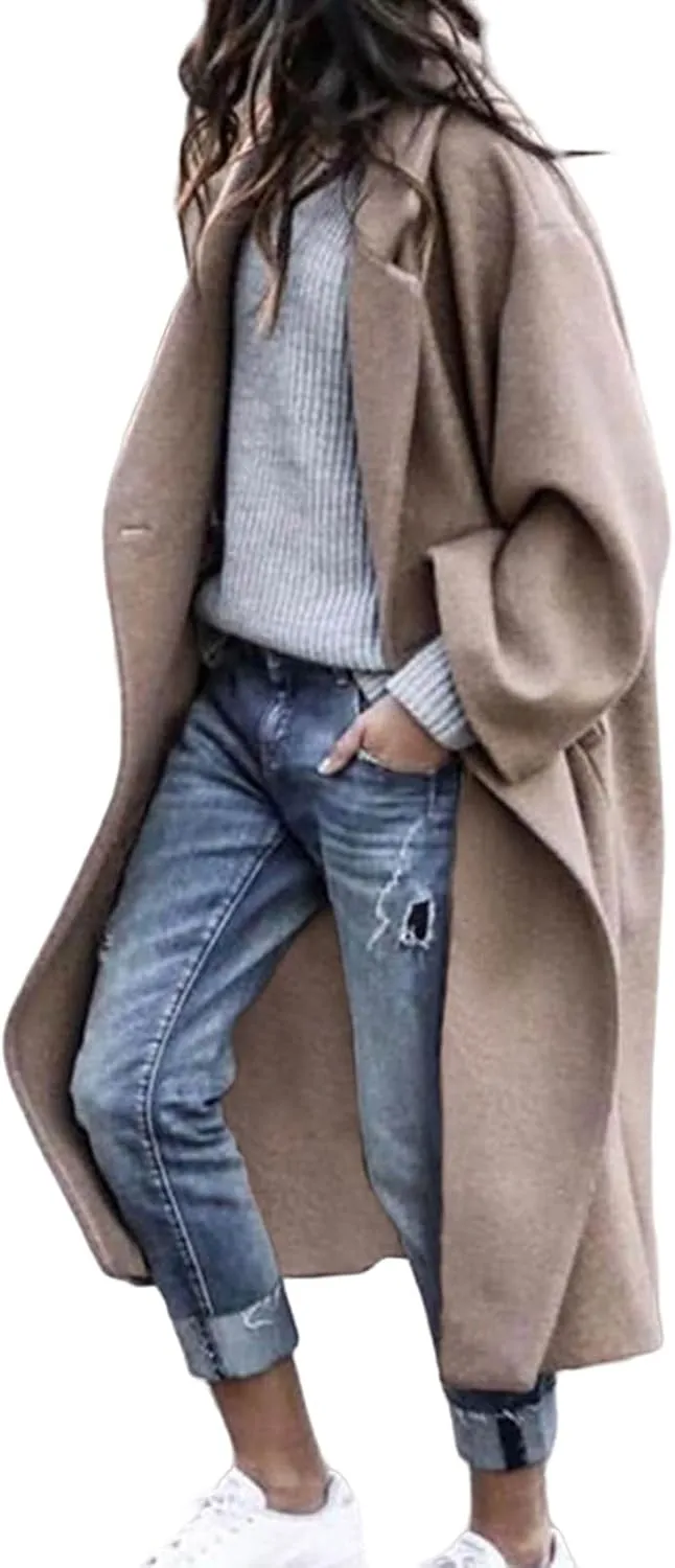ZWRXW Women's Wool Blend Coat Notched Collar Double Breasted Long Trench Coat Winter Elegant Oversized Peacoats with Pockets