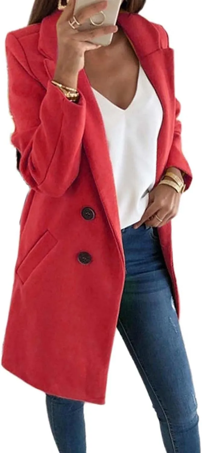 ZWRXW Womens Wool Blend Coats Double Breasted Business Casual Trench Coats Solid Color Midi Peacoat Outerwear with Pockets