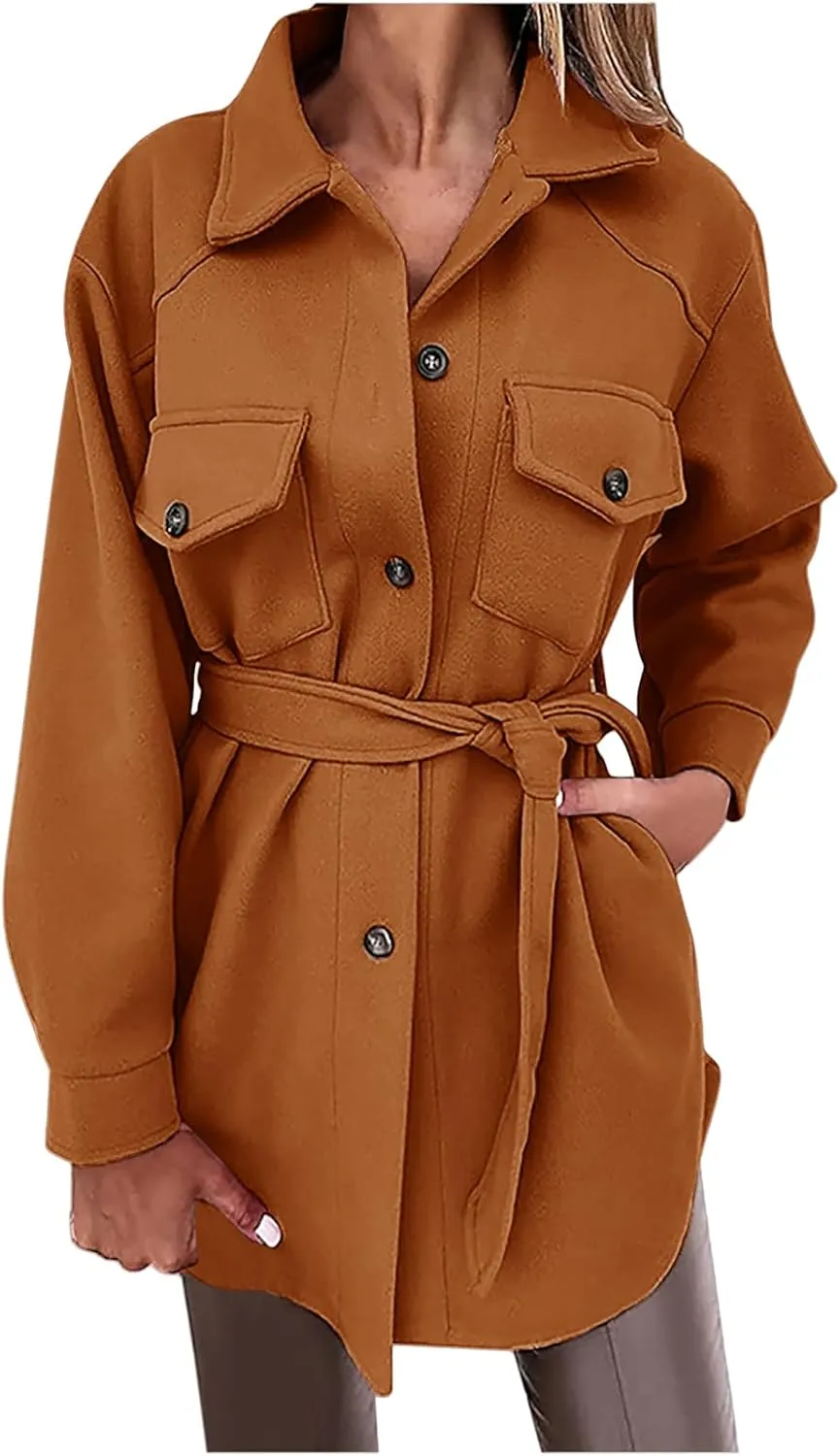 ZWRXW Women's Wool Blend Trench Coat Button Down Long Sleeve Belted Jacket Casual Loose Fit Lapel Coats Fall Fashion Outwear