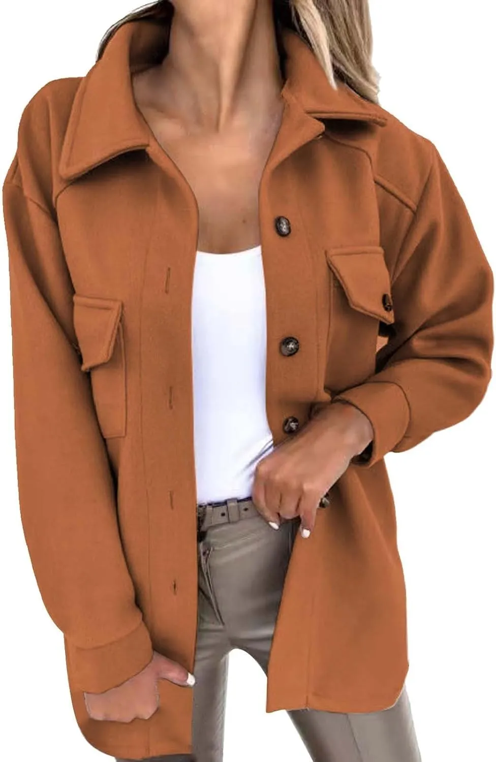 ZWRXW Women's Wool Blend Trench Coat Button Down Long Sleeve Belted Jacket Casual Loose Fit Lapel Coats Fall Fashion Outwear