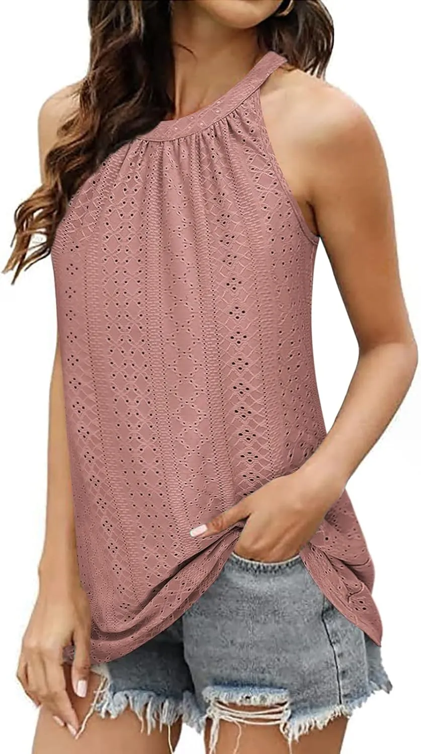 Zwurew Tank Top for Women Loose Fit High Neck Sleeveless Halter Tops Casual Pleated Eyelet Summer Flowy Cami Shirts Blouse