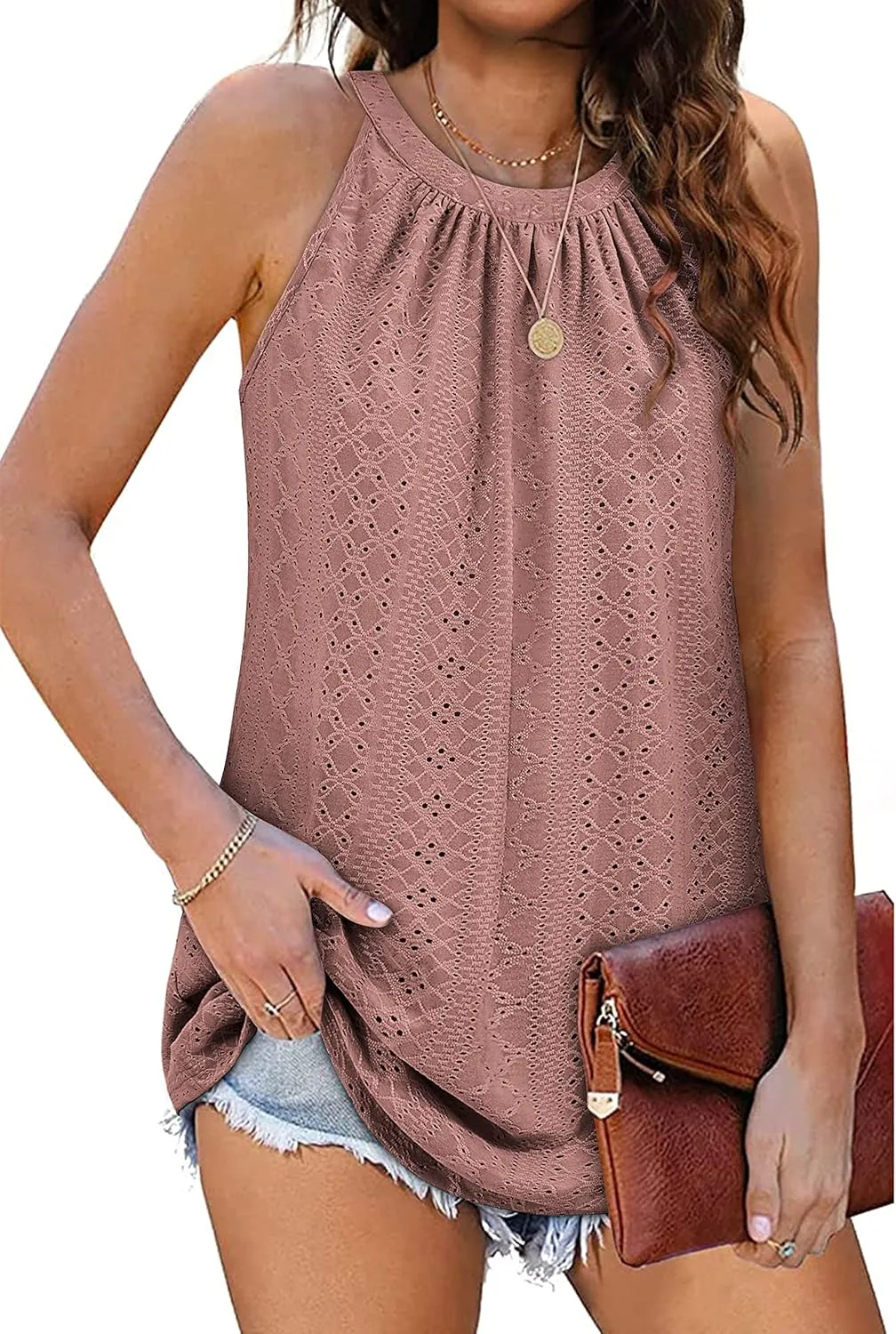 Zwurew Tank Top for Women Loose Fit High Neck Sleeveless Halter Tops Casual Pleated Eyelet Summer Flowy Cami Shirts Blouse