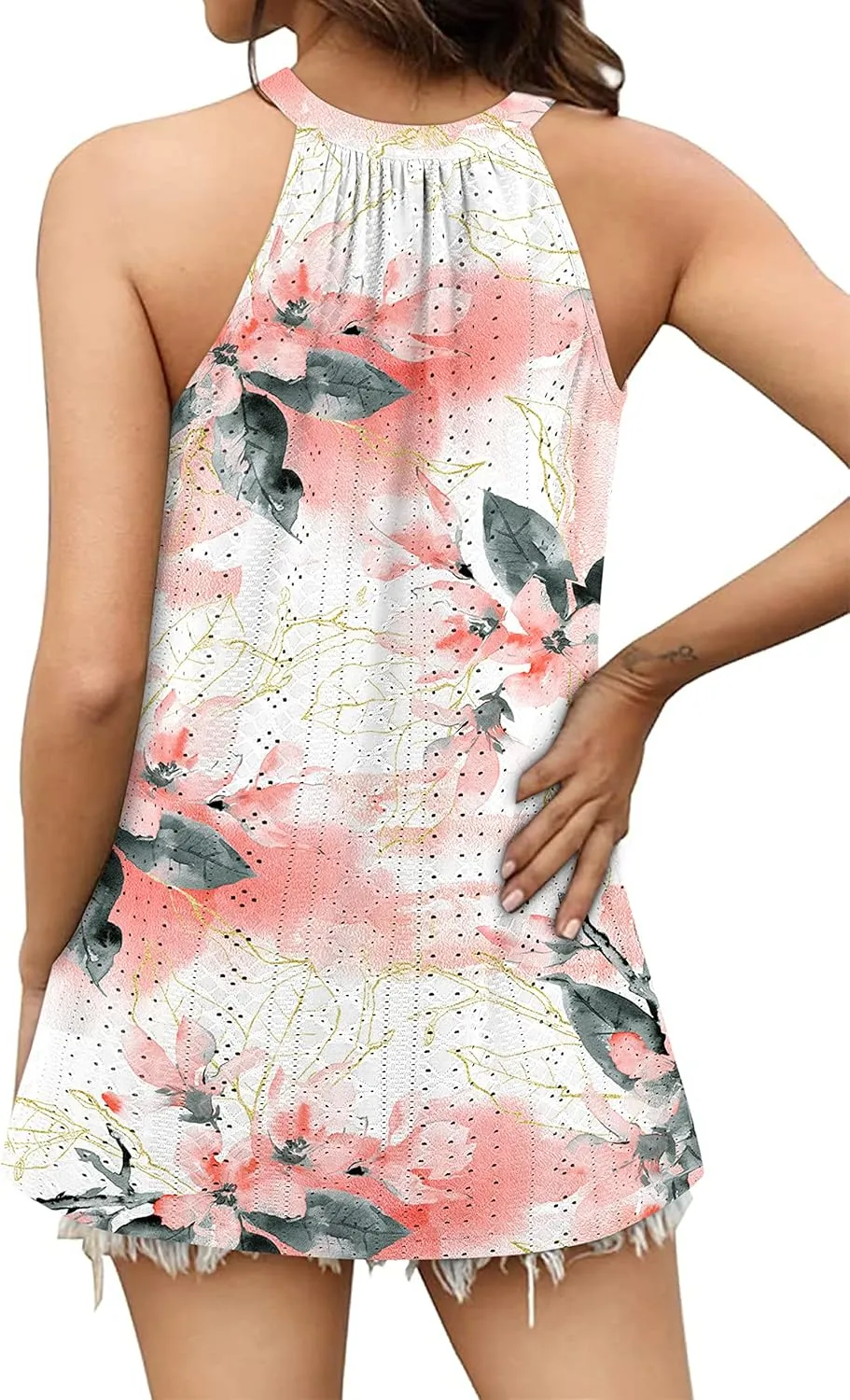 Zwurew Tank Top for Women Loose Fit High Neck Sleeveless Halter Tops Casual Pleated Eyelet Summer Flowy Cami Shirts Blouse