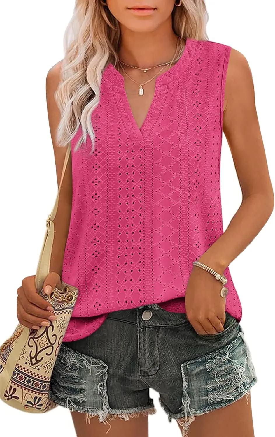 Zwurew Tank Top for Women Loose Fit Sleeveless V Neck Camisole Tops Dressy Casual Eyelet Summer Flowy Cami Shirts Blouse