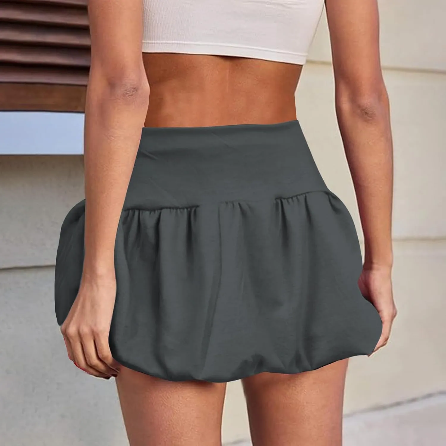 ZYXTIM Bubble Skirts for Women Elastic High Waisted Ruffle Hem A Line Balloon Skirt Petite Slim Fit Solid Y2k Cute Mini Dress