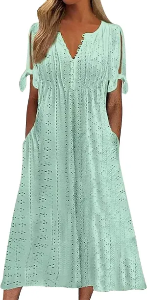 ZYXTIM Womens Eyelet Dress V Neck Short Sleeve Hollow Out Summer Beach Vacation Dresses Swing A Line Vintage Long Dresses