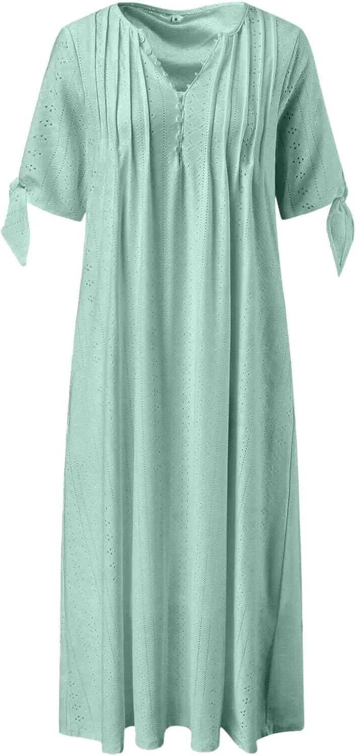 ZYXTIM Womens Eyelet Dress V Neck Short Sleeve Hollow Out Summer Beach Vacation Dresses Swing A Line Vintage Long Dresses